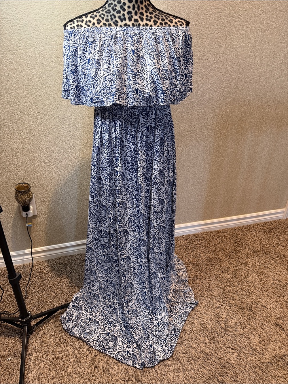 Off-Shoulder Blue Paisley Maxi Dress